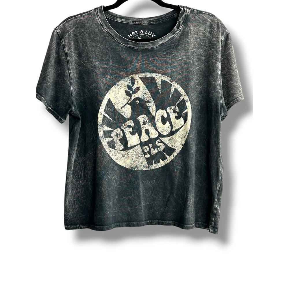HRT & LUV Graphic Tee Women L Black Acid Wash Peace Pls Dove Short Sleeve